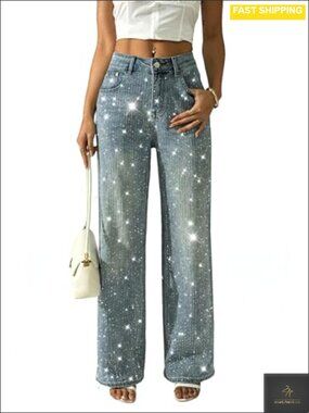 Rhinestone Wide Leg Jeans High Waist Sequin Sparkle Stretch Denim Pants